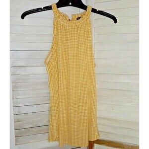 Adrianna Papell Blouse Size Small Sleeveless Yellow Gingham Print Ruffle Neck